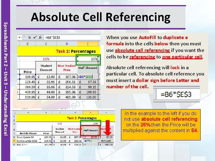 Spreadsheets Part 2 – Unit 3 – Understanding Excel Absolute Cell Referencing When you