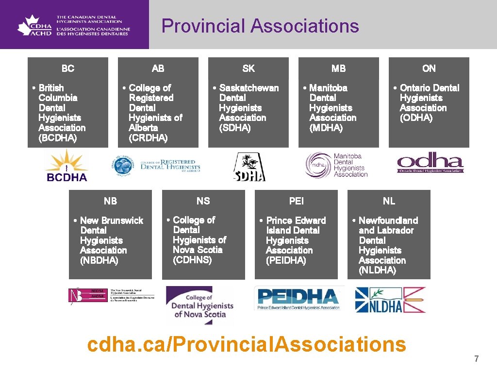 Provincial Associations BC AB • British Columbia Dental Hygienists Association (BCDHA) SK • College