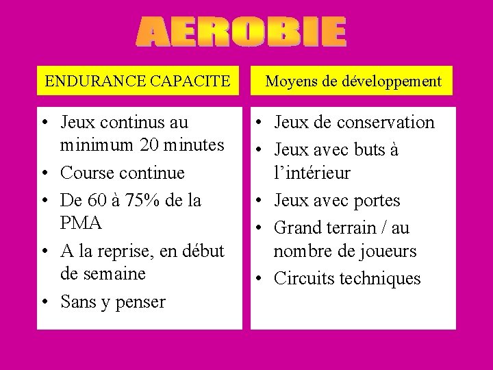 ENDURANCE CAPACITE • Jeux continus au minimum 20 minutes • Course continue • De ENDURANCE CAPACITE • Jeux continus au minimum 20 minutes • Course continue • De