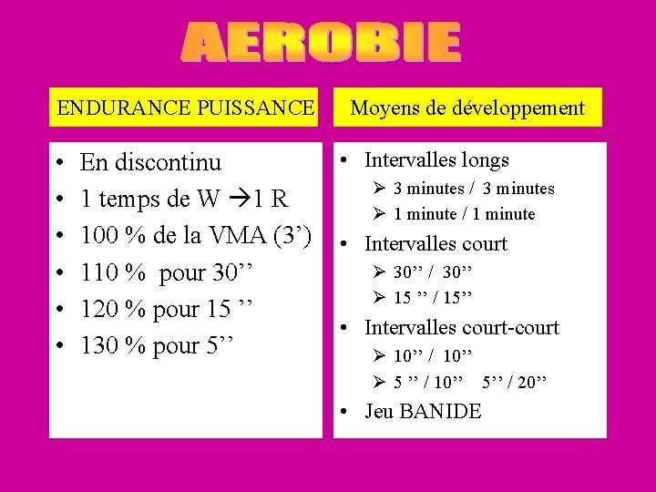 ENDURANCE PUISSANCE • • • En discontinu 1 temps de W 1 R ENDURANCE PUISSANCE • • • En discontinu 1 temps de W 1 R