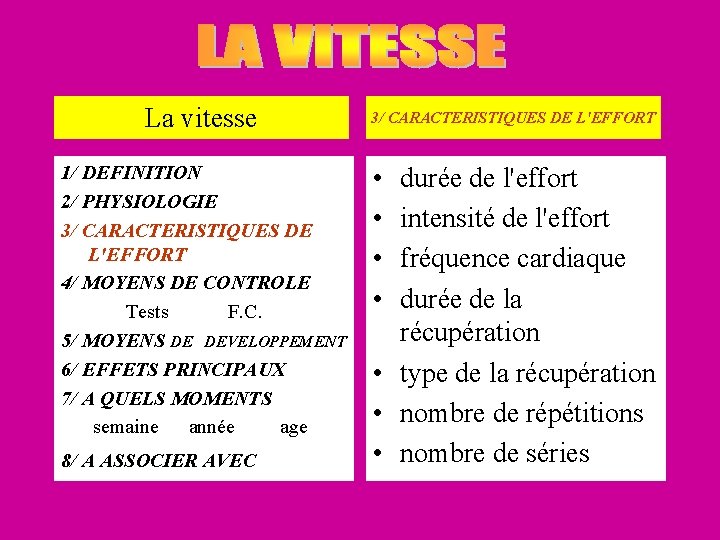 La vitesse 1/ DEFINITION 2/ PHYSIOLOGIE 3/ CARACTERISTIQUES DE L'EFFORT 4/ MOYENS DE CONTROLE La vitesse 1/ DEFINITION 2/ PHYSIOLOGIE 3/ CARACTERISTIQUES DE L'EFFORT 4/ MOYENS DE CONTROLE