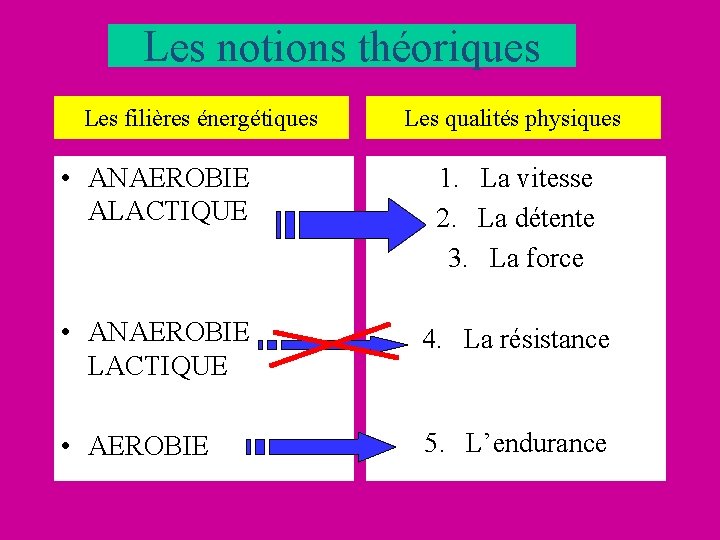 Les notions théoriques Les filières énergétiques Les qualités physiques • ANAEROBIE ALACTIQUE 1. La Les notions théoriques Les filières énergétiques Les qualités physiques • ANAEROBIE ALACTIQUE 1. La