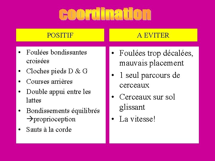 POSITIF A EVITER • Foulées bondissantes croisées • Cloches pieds D & G • POSITIF A EVITER • Foulées bondissantes croisées • Cloches pieds D & G •