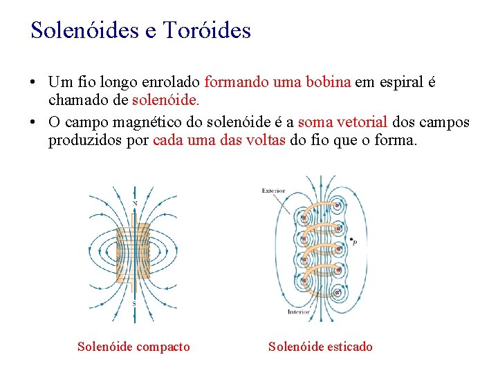 Solenóides e Toróides • Um fio longo enrolado formando uma bobina em espiral é