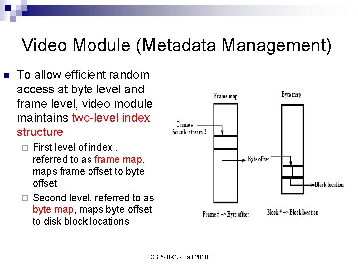 Video Module (Metadata Management) n To allow efficient random access at byte level and