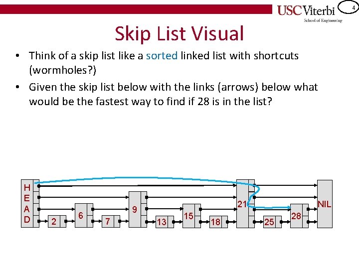 4 Skip List Visual • Think of a skip list like a sorted linked