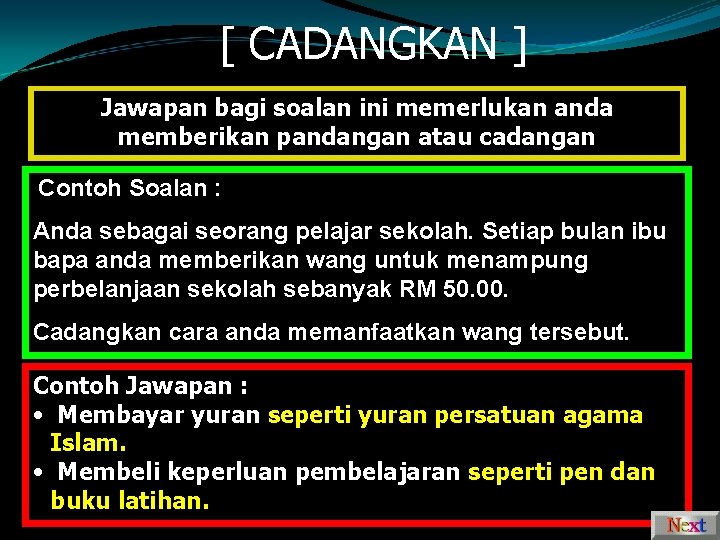 [ CADANGKAN ] Jawapan bagi soalan ini memerlukan anda memberikan pandangan atau cadangan Contoh