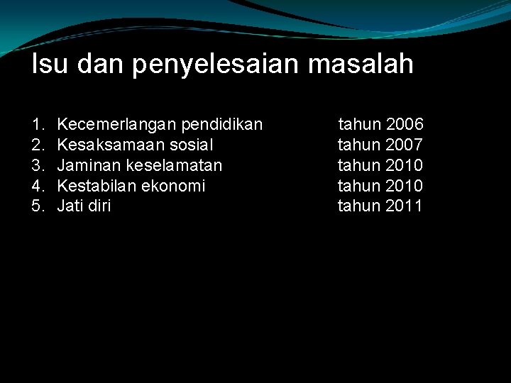 Isu dan penyelesaian masalah 1. 2. 3. 4. 5. Kecemerlangan pendidikan Kesaksamaan sosial Jaminan