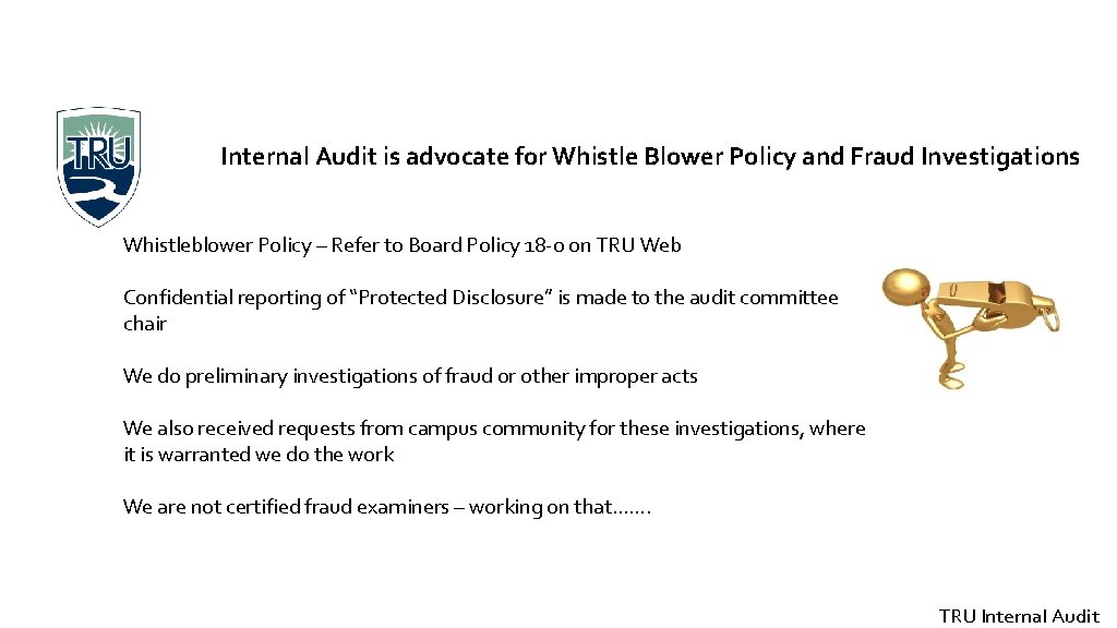 Internal Audit is advocate for Whistle Blower Policy and Fraud Investigations Whistleblower Policy –