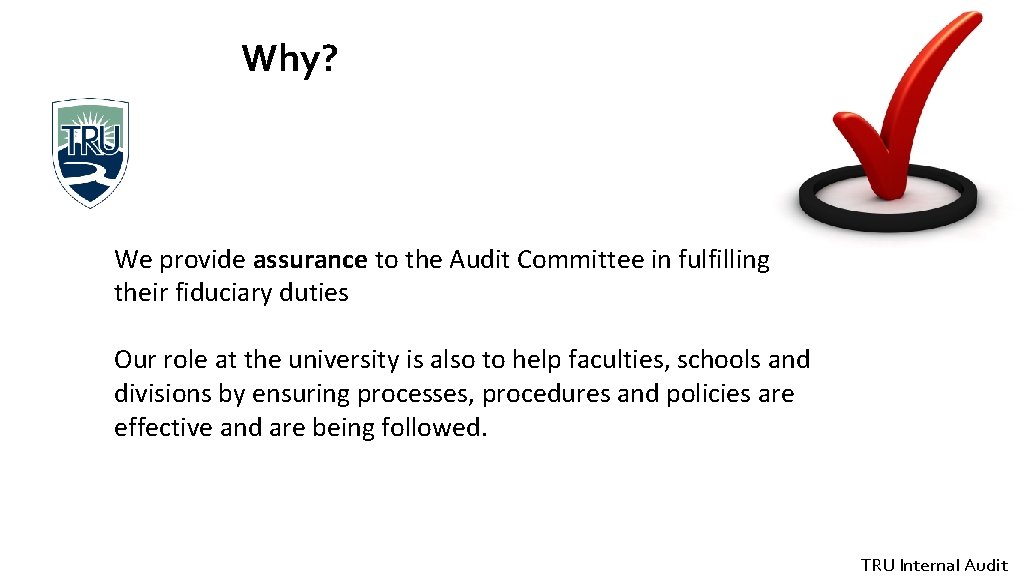 Why? We provide assurance to the Audit Committee in fulfilling their fiduciary duties Our