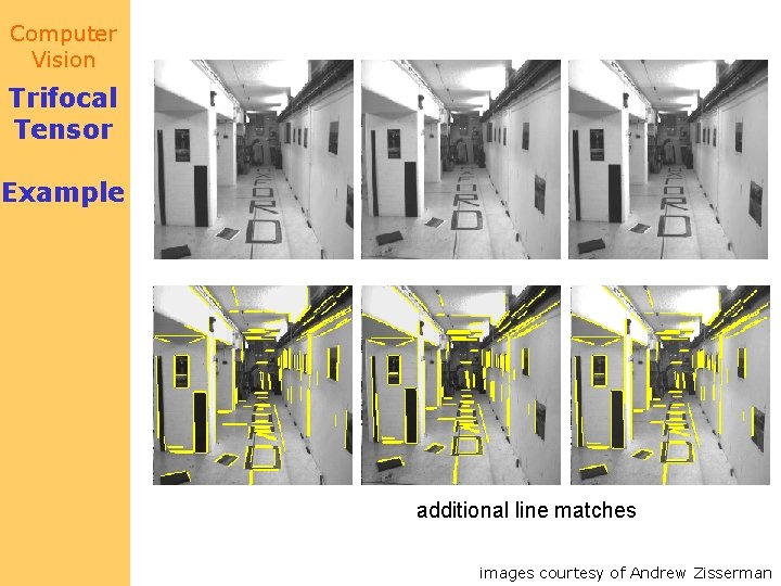 Computer Vision Trifocal Tensor Example additional line matches images courtesy of Andrew Zisserman 
