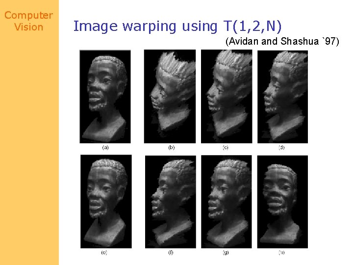 Computer Vision Image warping using T(1, 2, N) (Avidan and Shashua `97) 