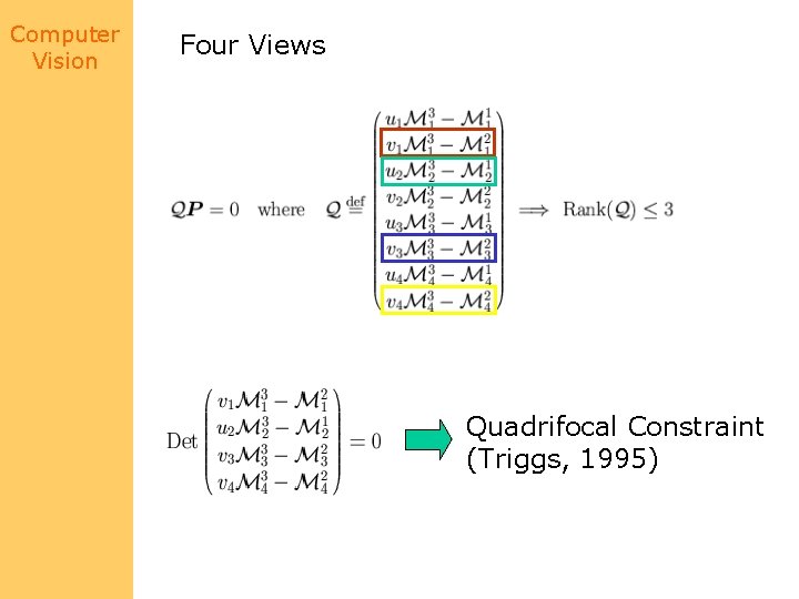 Computer Vision Four Views Quadrifocal Constraint (Triggs, 1995) 