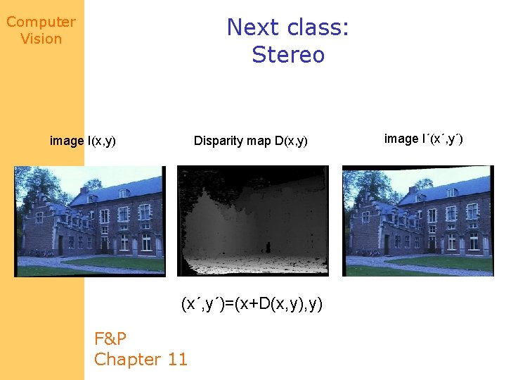 Computer Vision Next class: Stereo image I(x, y) Disparity map D(x, y) (x´, y´)=(x+D(x,
