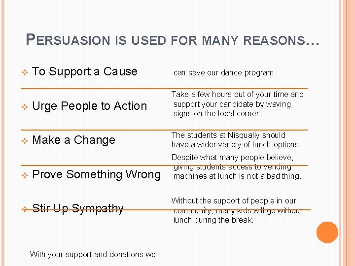 PERSUASION IS USED FOR MANY REASONS… To Support a Cause can save our dance