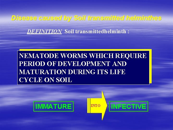 Disease caused by Soil transmitted helminthes DEFINITION Soil transmittedhelminth : NEMATODE WORMS WHICH REQUIRE