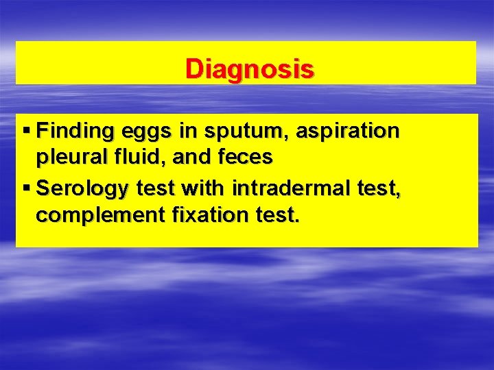 Diagnosis § Finding eggs in sputum, aspiration pleural fluid, and feces § Serology test