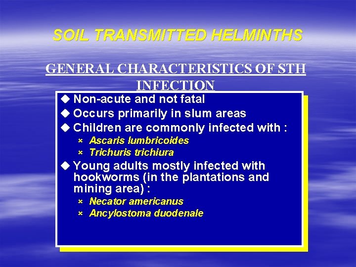 SOIL TRANSMITTED HELMINTHS GENERAL CHARACTERISTICS OF STH INFECTION u Non-acute and not fatal u