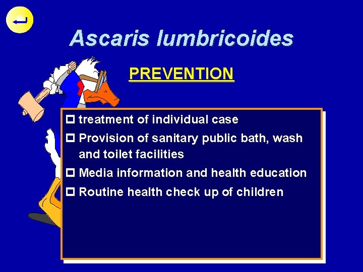 Ascaris lumbricoides PREVENTION p treatment of individual case p Provision of sanitary public bath,