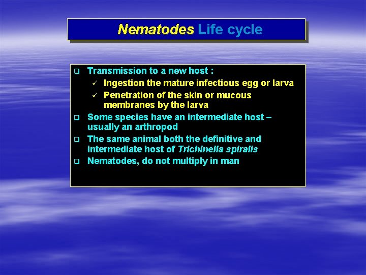Nematodes Life cycle q q Transmission to a new host : ü Ingestion the