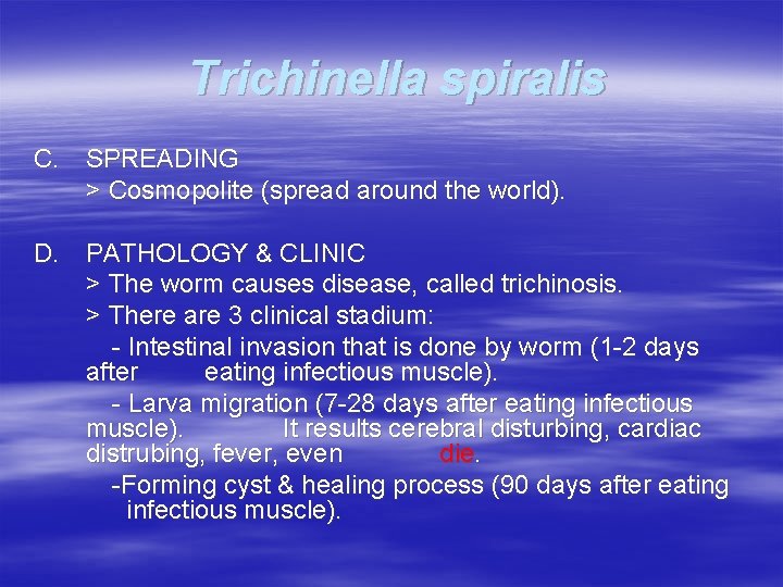 Trichinella spiralis C. SPREADING > Cosmopolite (spread around the world). D. PATHOLOGY & CLINIC