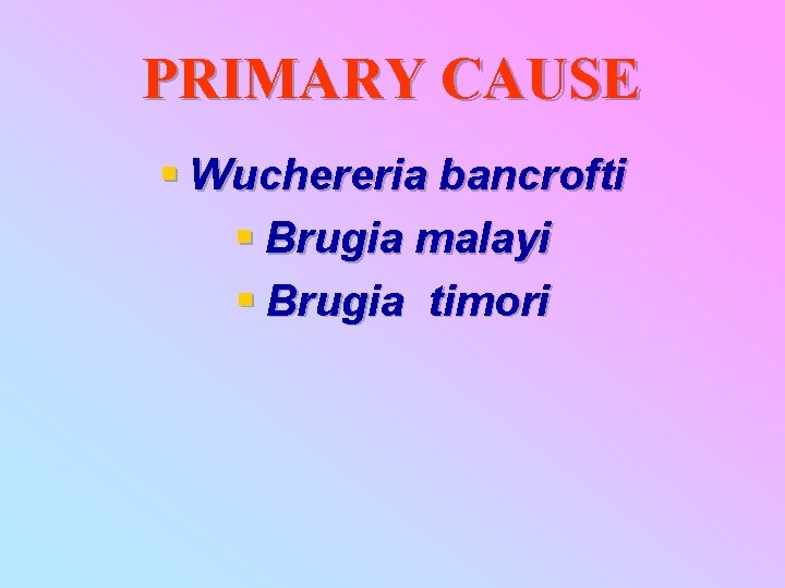 PRIMARY CAUSE § Wuchereria bancrofti § Brugia malayi § Brugia timori 