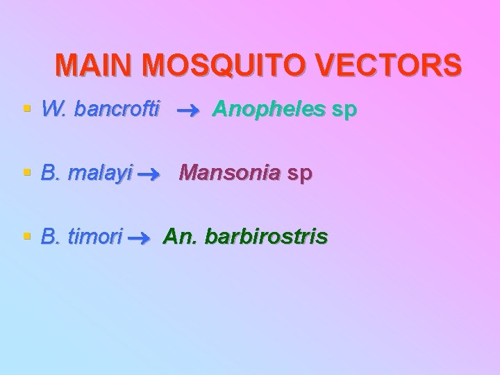 MAIN MOSQUITO VECTORS § W. bancrofti Anopheles sp § B. malayi Mansonia sp §