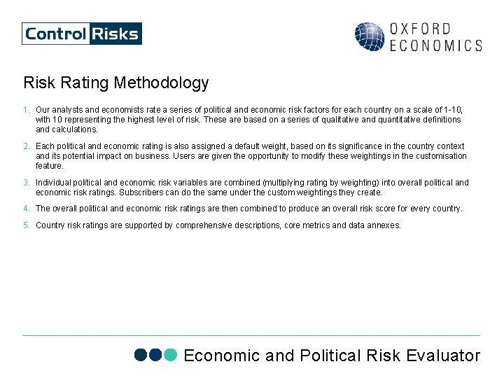 Risk Rating Methodology 1. Our analysts and economists rate a series of political and