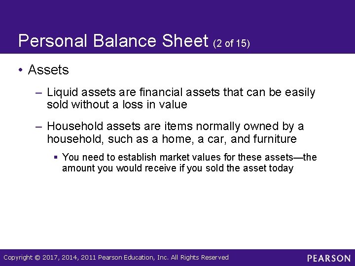Personal Balance Sheet (2 of 15) • Assets – Liquid assets are financial assets