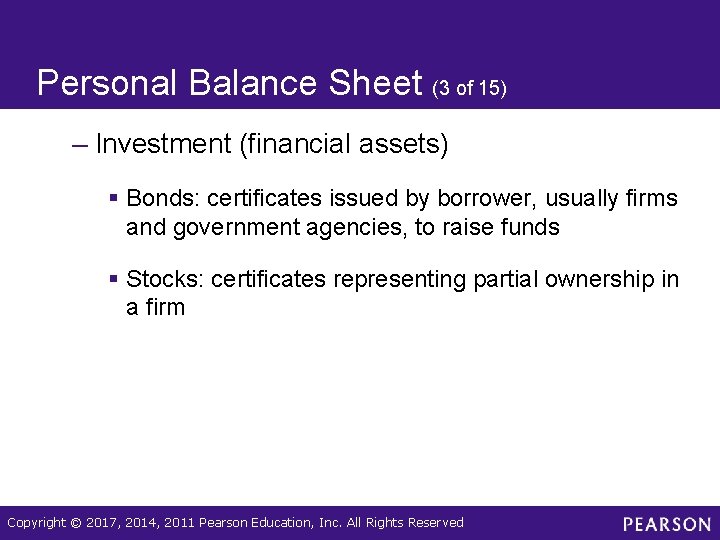 Personal Balance Sheet (3 of 15) – Investment (financial assets) § Bonds: certificates issued