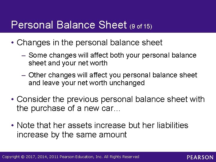 Personal Balance Sheet (9 of 15) • Changes in the personal balance sheet –