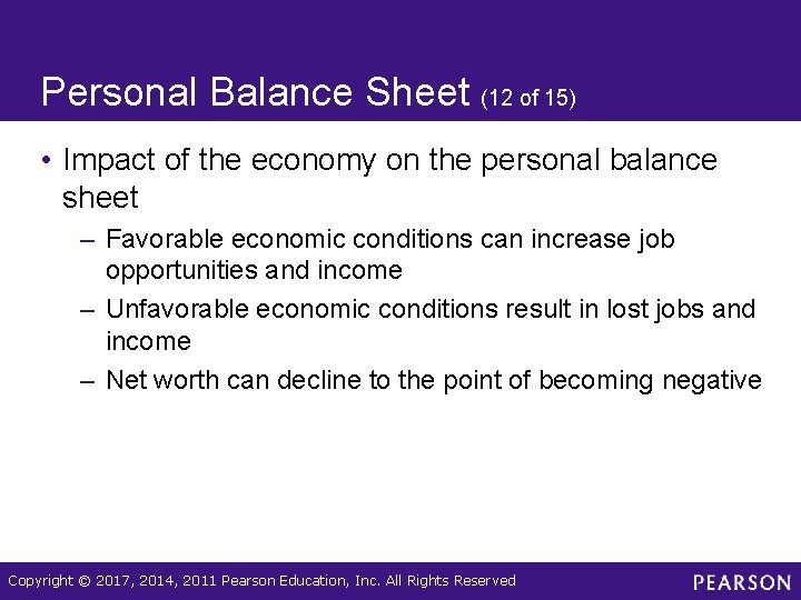 Personal Balance Sheet (12 of 15) • Impact of the economy on the personal