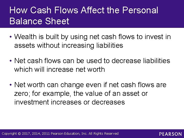 How Cash Flows Affect the Personal Balance Sheet • Wealth is built by using