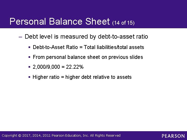 Personal Balance Sheet (14 of 15) – Debt level is measured by debt-to-asset ratio