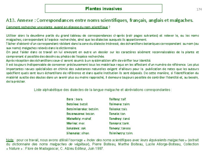 Plantes invasives 174 A 13. Annexe : Correspondances entre noms scientifiques, français, anglais et