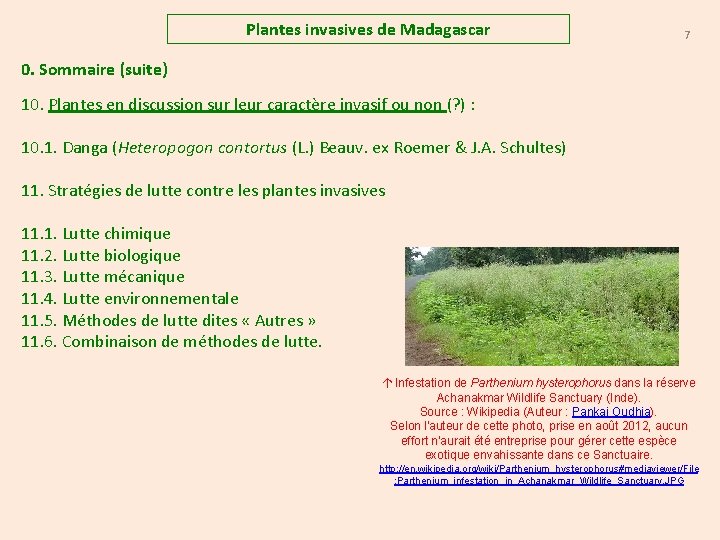 Plantes invasives de Madagascar 7 0. Sommaire (suite) 10. Plantes en discussion sur leur