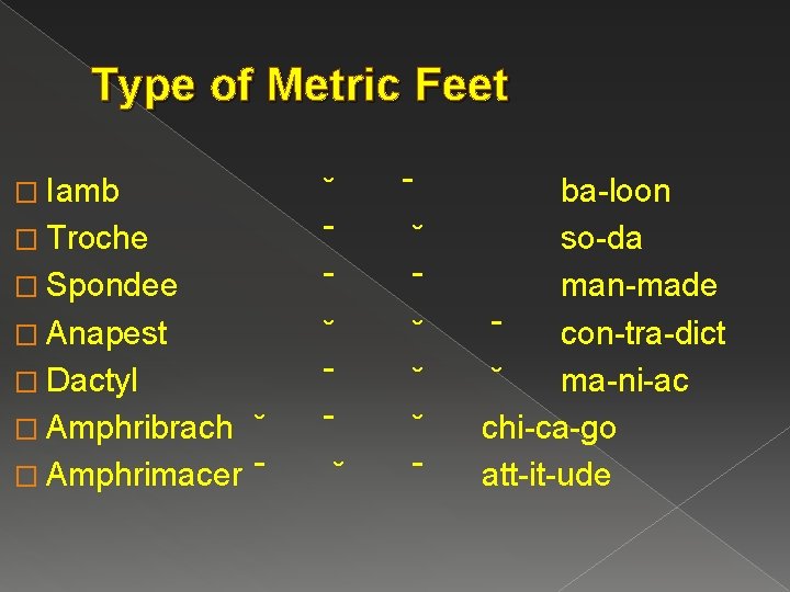 Type of Metric Feet � Iamb ˘ � Troche ˉ � Spondee ˉ �