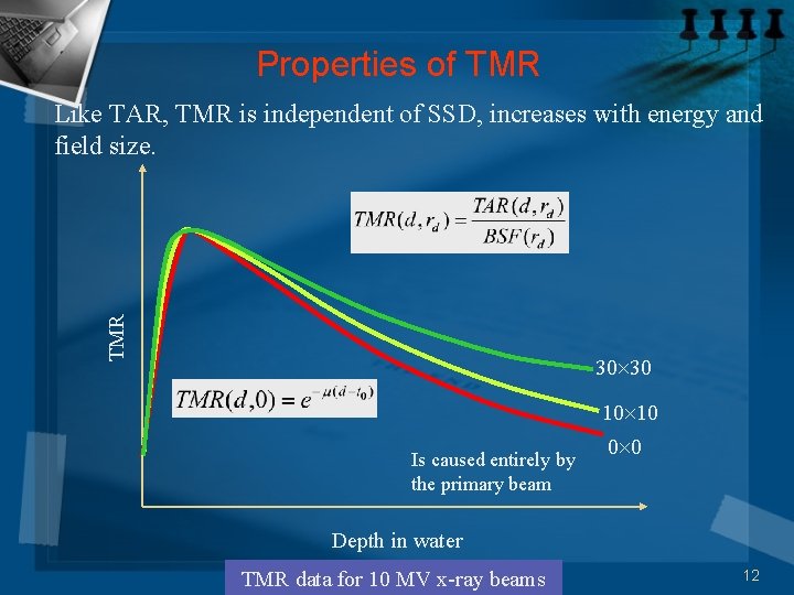 Properties of TMR Like TAR, TMR is independent of SSD, increases with energy and