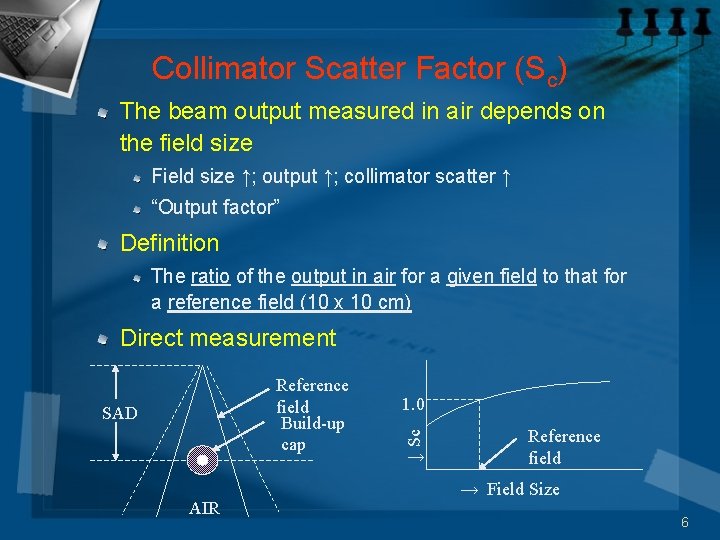 Collimator Scatter Factor (Sc) The beam output measured in air depends on the field