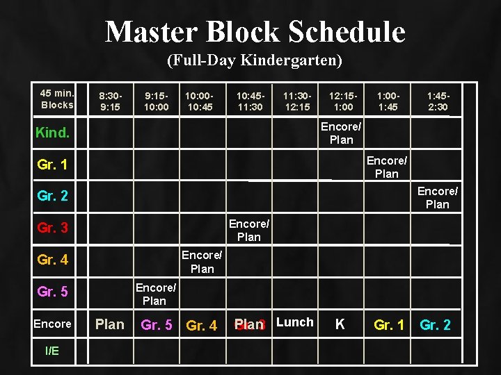 Master Block Schedule (Full-Day Kindergarten) 45 min. Blocks 8: 309: 1510: 00 - 10: