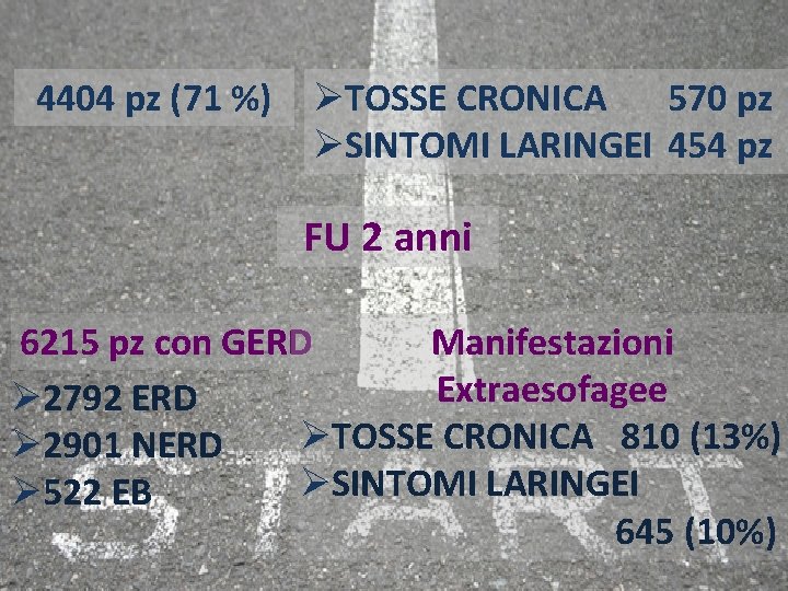 4404 pz (71 %) ØTOSSE CRONICA 570 pz ØSINTOMI LARINGEI 454 pz FU 2