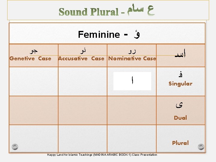 Feminine ﺟﻭ ﻧﻭ Genetive Case - ﺅ ﺭﻭ Accusative Case Nominative Case ﺍﻧﺅ ﺍﺳ