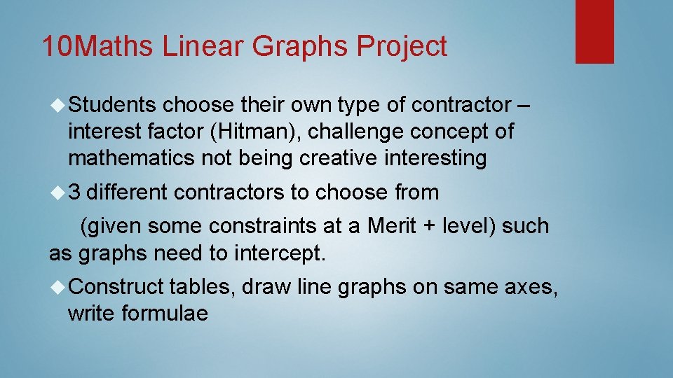 10 Maths Linear Graphs Project Students choose their own type of contractor – interest 10 Maths Linear Graphs Project Students choose their own type of contractor – interest
