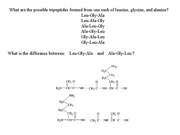 What are the possible tripeptides formed from one each of leucine, glycine, and alanine? What are the possible tripeptides formed from one each of leucine, glycine, and alanine?