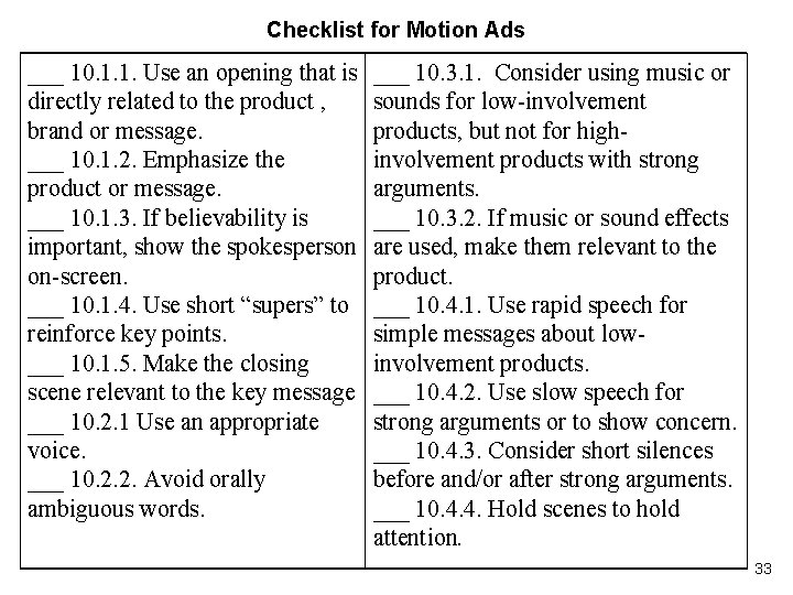 Checklist for Motion Ads ___ 10. 1. 1. Use an opening that is directly