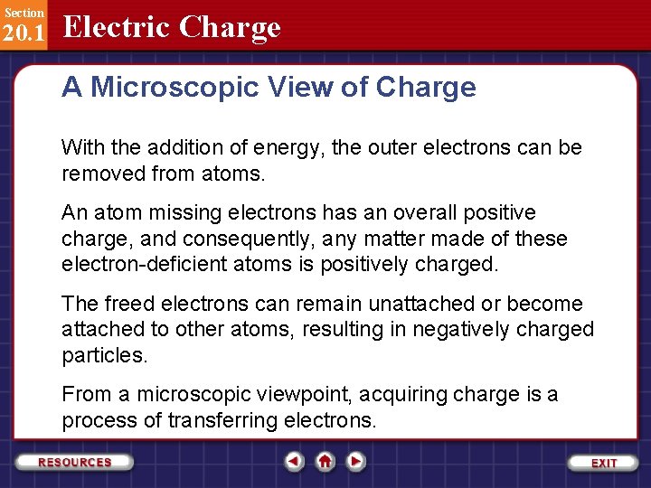 Section 20. 1 Electric Charge A Microscopic View of Charge With the addition of