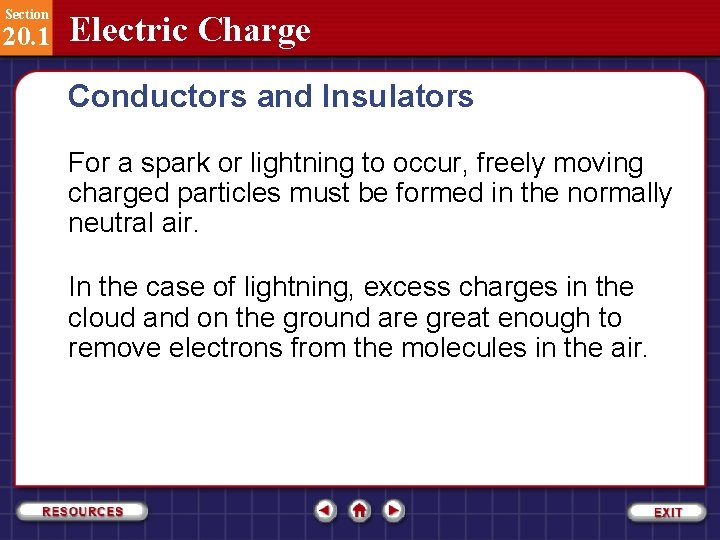 Section 20. 1 Electric Charge Conductors and Insulators For a spark or lightning to