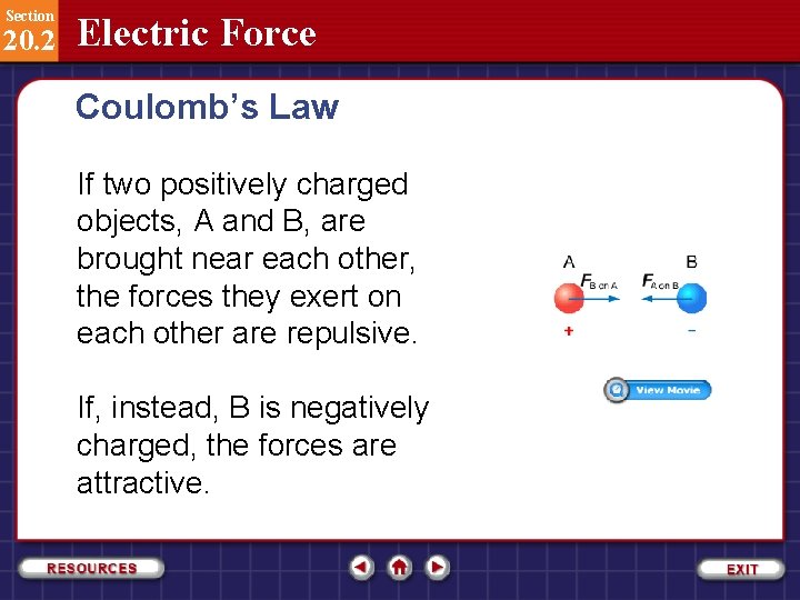 Section 20. 2 Electric Force Coulomb’s Law If two positively charged objects, A and