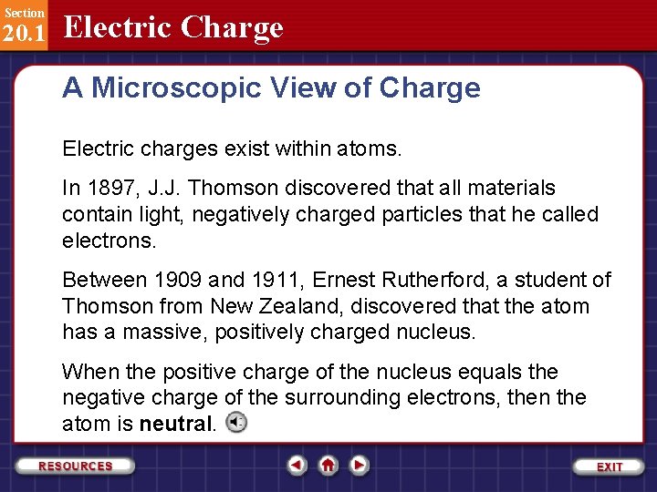 Section 20. 1 Electric Charge A Microscopic View of Charge Electric charges exist within