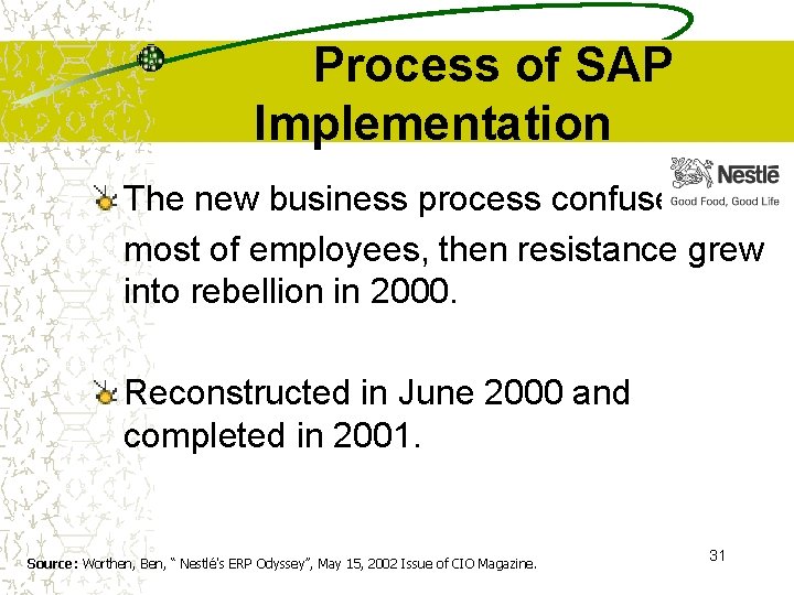Process of SAP Implementation The new business process confused most of employees, then resistance